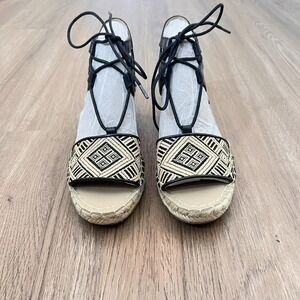 Rockport Marah Espadrille Sandals Size 8 Wedge Lace Up Black Tan Woven